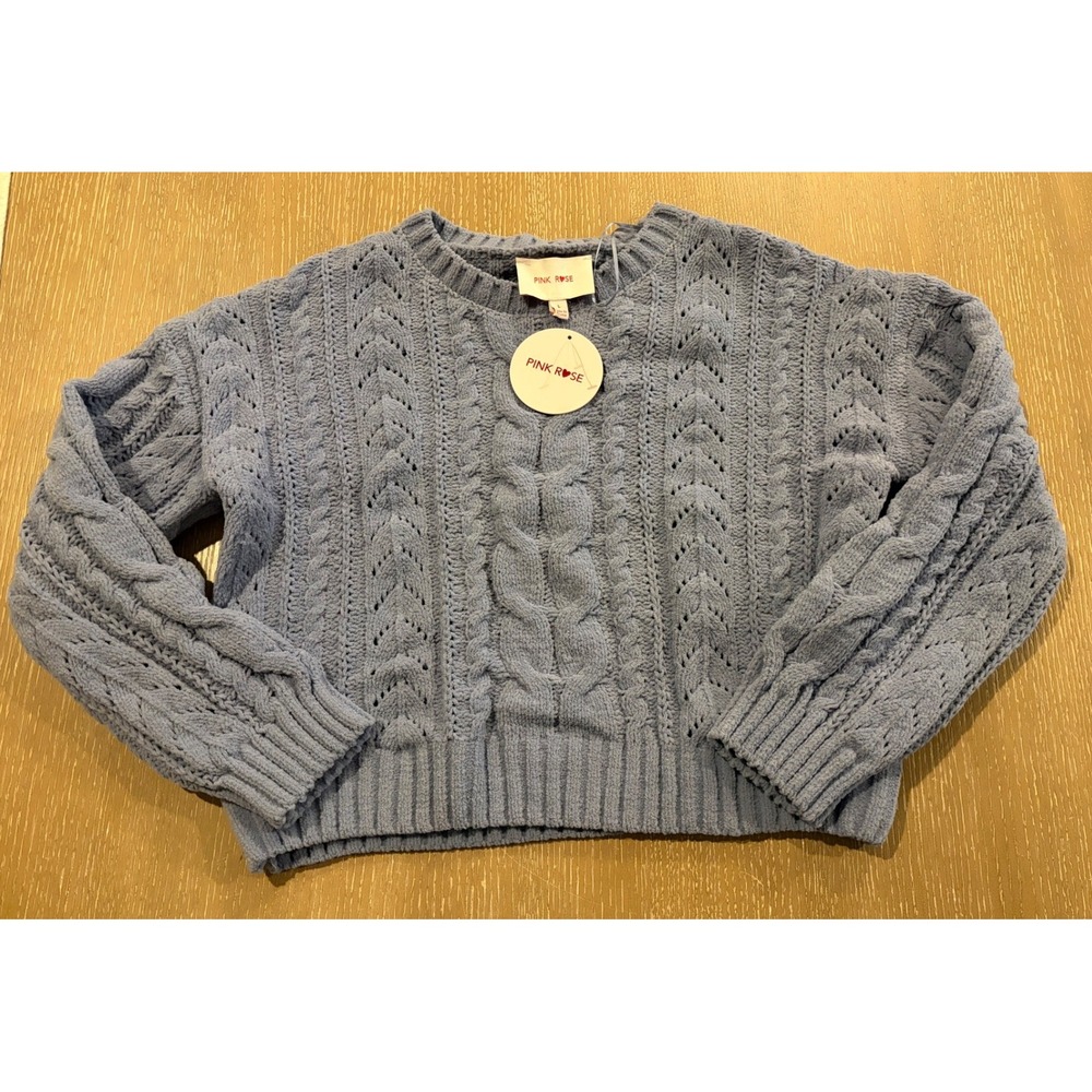 Pink Rose Women's L Blue Gray Cable Knit Crewneck Sweater NWT